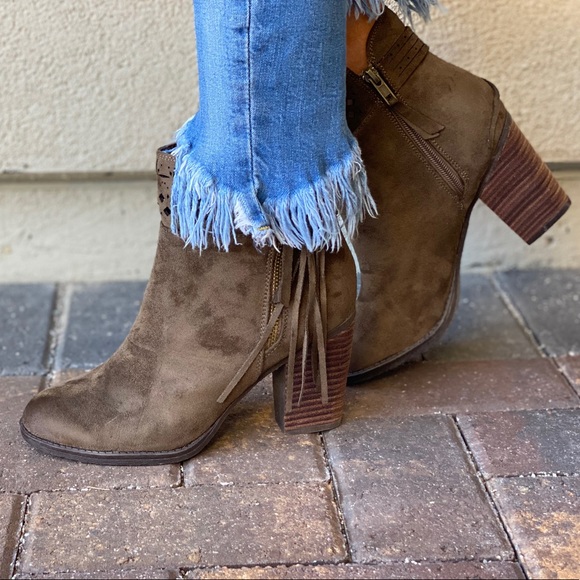 Military Green Fringe Laser Cut Block Heel Booties - Picture 9 of 10